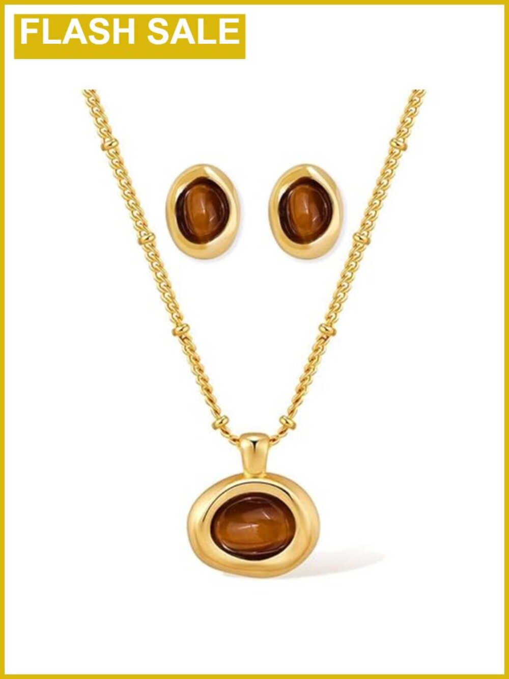 Gold Plated Tiger Eye Jewelry Set Pendant Necklace Stud Earrings for Women